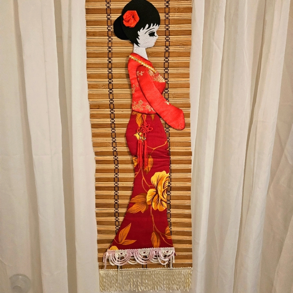 Japanese Wall Hanging Geisha Girl Silk Fabric On Bamboo Decor Fringed Hem